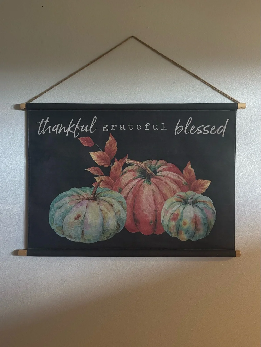 Thankful Grateful Blessed Pumpkin Fabric Wall Art -Fall Decor 37x25”